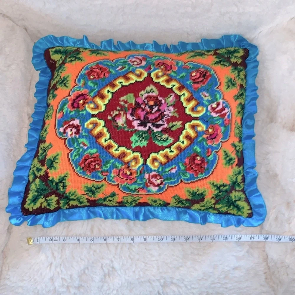 Handmade Ukrainian Pillow Floral Decorative Aqua Ruffled Vintage‎ 18